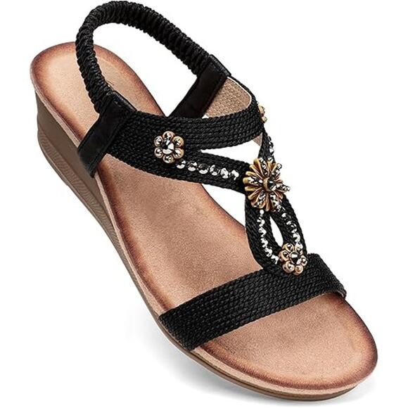 SHIBEVER Women’s Wedge Sandals Rhinestone Boho Low Heel Elastic Strap Sz 10.5 - Picture 1 of 11